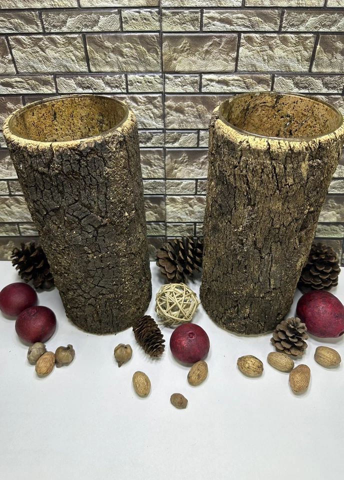 2 Large Natural Bark/ Wood/ Glass Covered Candle Holders W/ Candles Dbls As Vase - Image 2 of 4