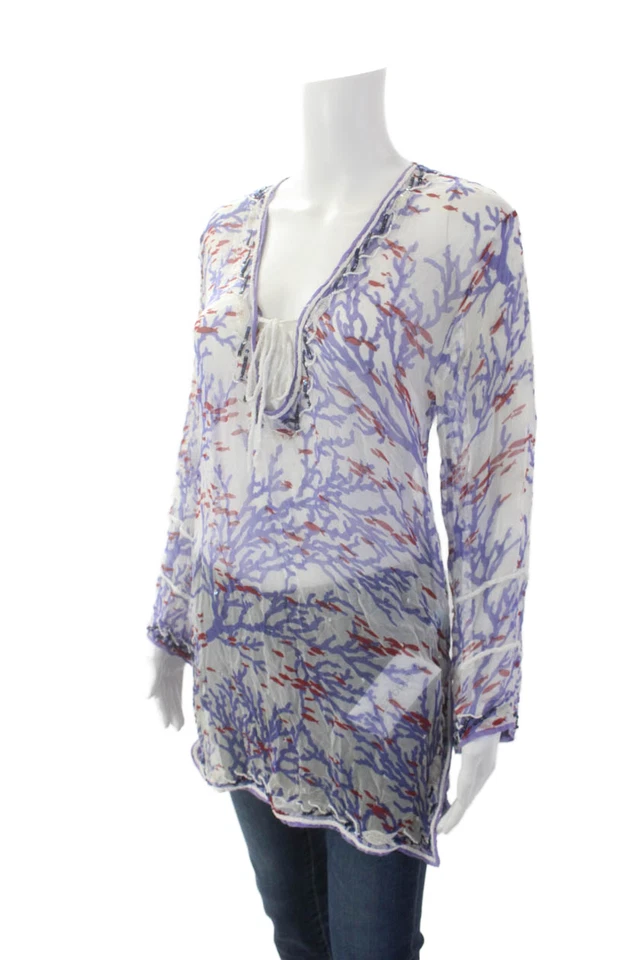 Letarte 手工制作女式丝绸抽象长袖拼色衬衫 M 码 — 第 2/4 张图片