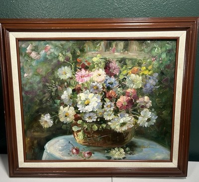 Mid 20th Century Oil on Canvas Wildflower Still Life Artist Signed 16x20 Framed