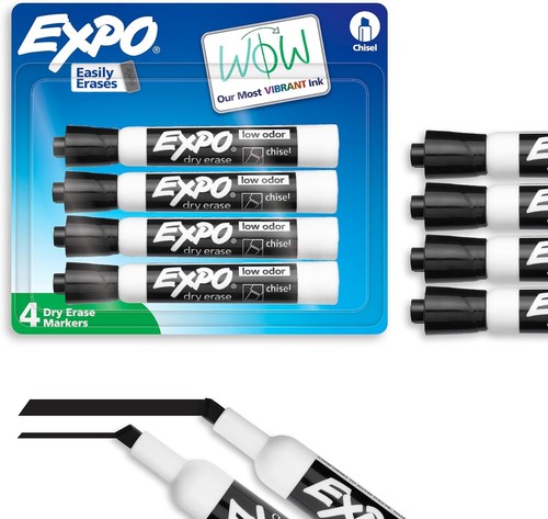 EXPO Dry Erase Markers 4 Ct Black Chisel Tip Low Odor Whiteboard School Office