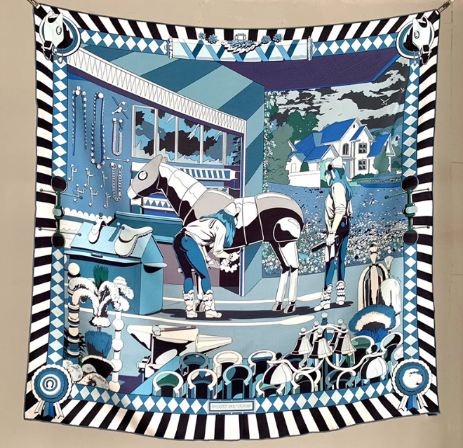 Pure 18 Momme Twill Silk Bandanna Scarf Wrap Blue horse Print Square Shawl 35''