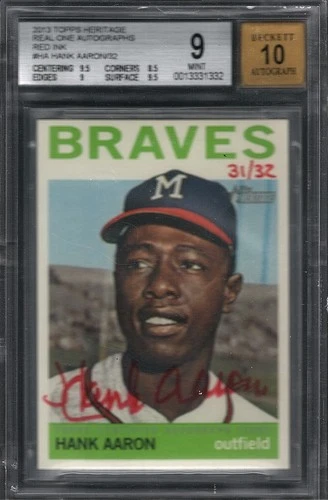2013 Topps Heritage Real One Autographs Red Ink #HA Hank Aaron 31/32 BGS 9/10