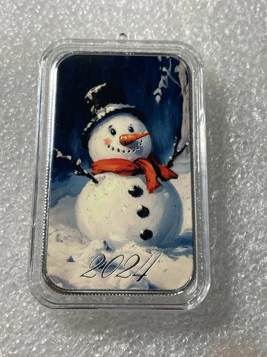 2024 Snowman- 1 Troy Oz .999 Fine Silver Colorized Bar In Ornament Capsule