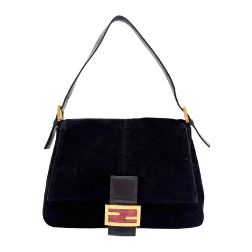 FENDI Mamma Baguette Black Suede Shoulder Bag