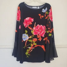 Susan Graver Blouse Liquid Knit Top Floral Peony Black Colorful Womens Sz M QVC