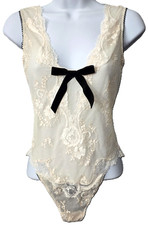 Victoria Secret Dream Angels Bodysuit S Coquette Lace Velvet Bow Ivory Black