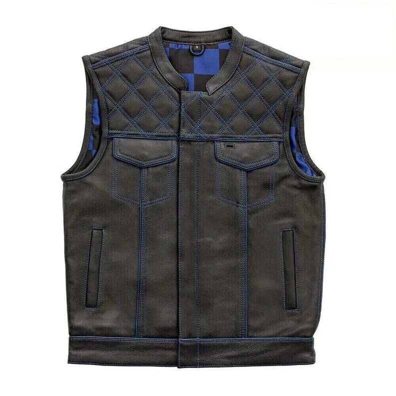 Men's Black Cowhide Leather Motorcycle Vest Checkered Lining Club Biker Vest - Image 2 of 4