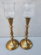 BRASS 7" TAPER CANDLESTICK PAIR w/GLASS INSERTS FOR VOTIVES - INDIA  [32]