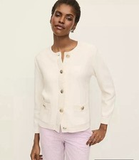 LOFT Ivory Ribbed Button Cardigan Sweater Womens Size XS pockets old money clean