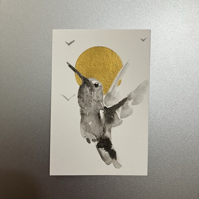 ORIGINAL Hummingbird Sunset Painting realism Miniature Bird Art Sumi-e Ink Gold