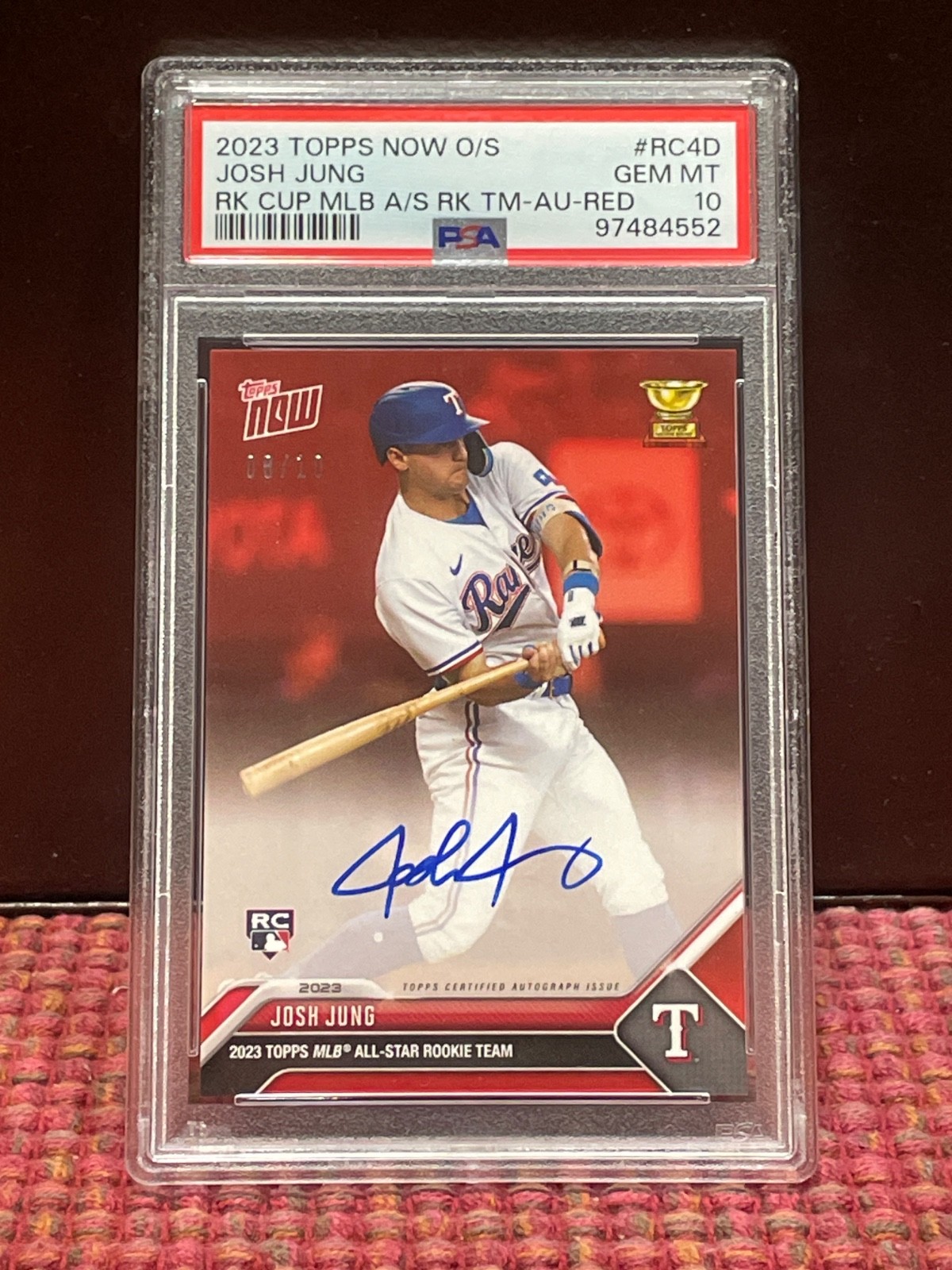Josh Jung 2023 Topps Now Rookie Cup Auto #08/10 #RC-4D Rangers PSA 10 GEM MINT🔥