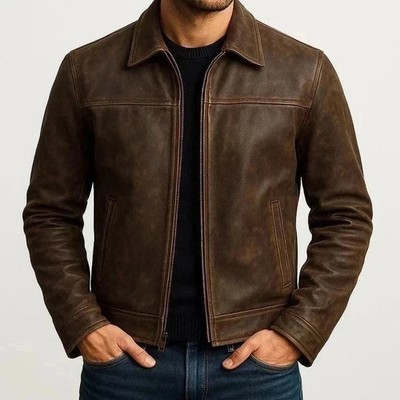 Men's Real Motorcycle Cafe Racer Distressed Brown Genuine Leather Biker Jacket