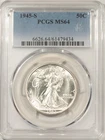 1945-S WALKING LIBERTY HALF DOLLAR - PCGS MS-64, BLAST WHITE! PREMIUM QUALITY!