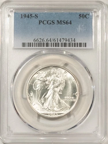 1945-S WALKING LIBERTY HALF DOLLAR - PCGS MS-64, BLAST WHITE! PREMIUM QUALITY!