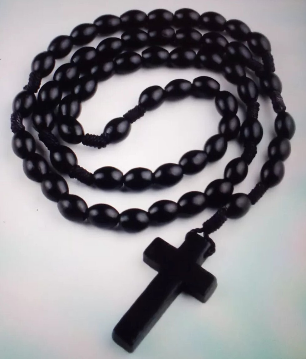 ROSARY CROSS WOODEN Black BEAD NECKLACE sweet Item Gothic Gift See