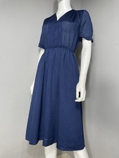 Vintage Blue Midi Dress UK Size 12 Textured Fabric Short Sleeves Elastic Waist