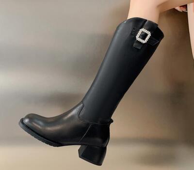 Womens Winter New Fashion Round Toe Diamante Buckle Strap Riding Boots Mid  Heel