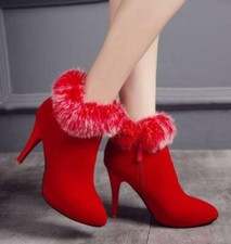 Ladies Fur Pointy Toe Ankle Boots Stiletto Heels Side Zip Party Casual New Shoes