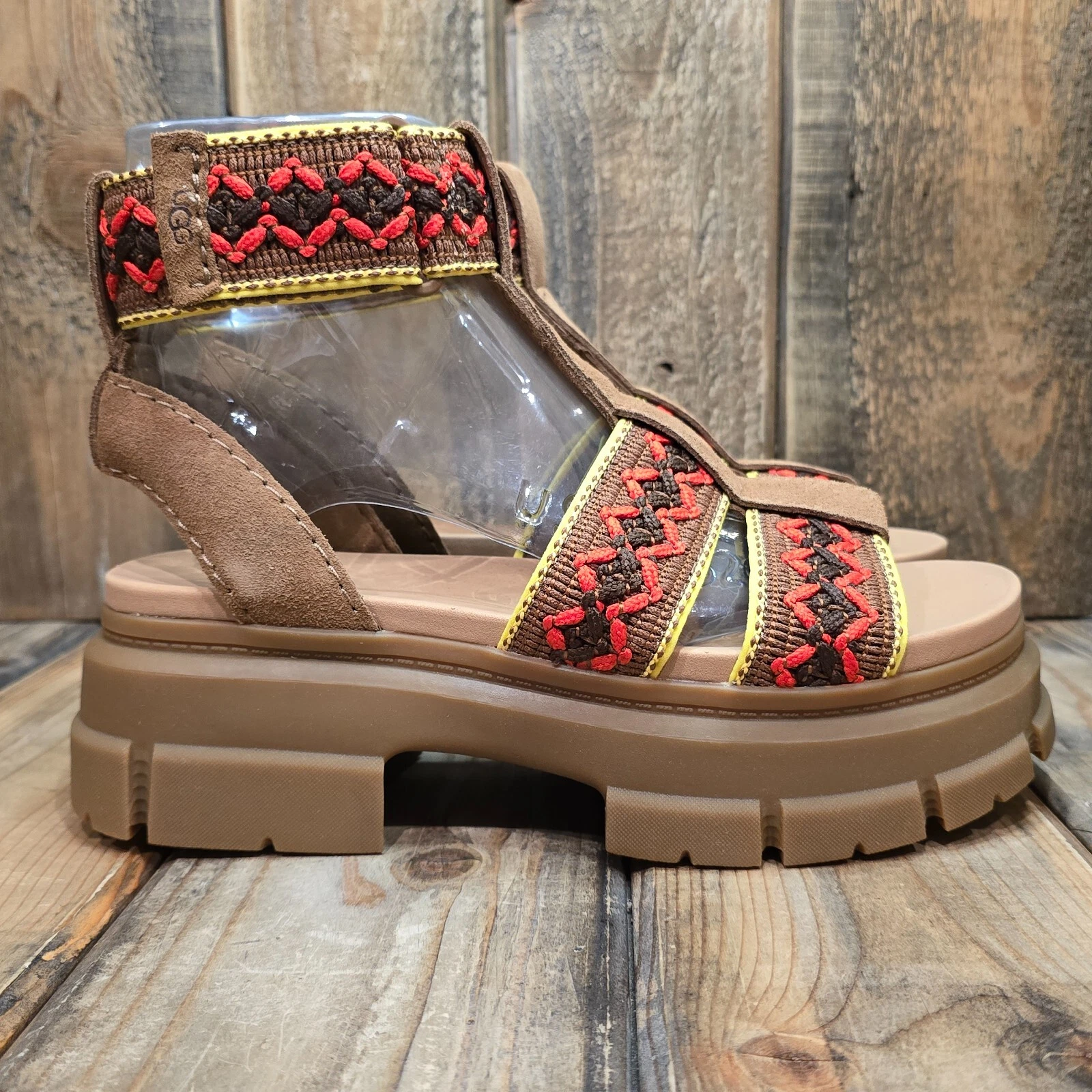 UGG ASHTON HERITAGE SANDALI TRECCIA SCAMOSCIATI CINTURINO PLATEAU CASTAGNA DONNA US 10