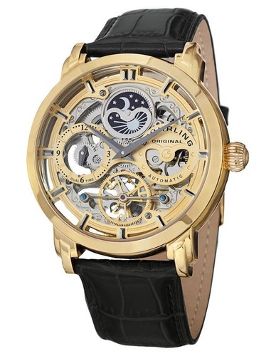 Forsining, orologio analogico da uomo, automatico, vintage, AM/PM, quadrante con scheletro e luna, cinturino in pelle (Oro Bianco