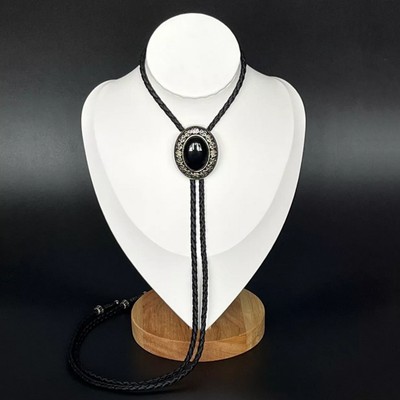 Schwarze Bolo-Krawatte aus Onyx-Stein, Western-Vintage-Legierung, PU-Seil