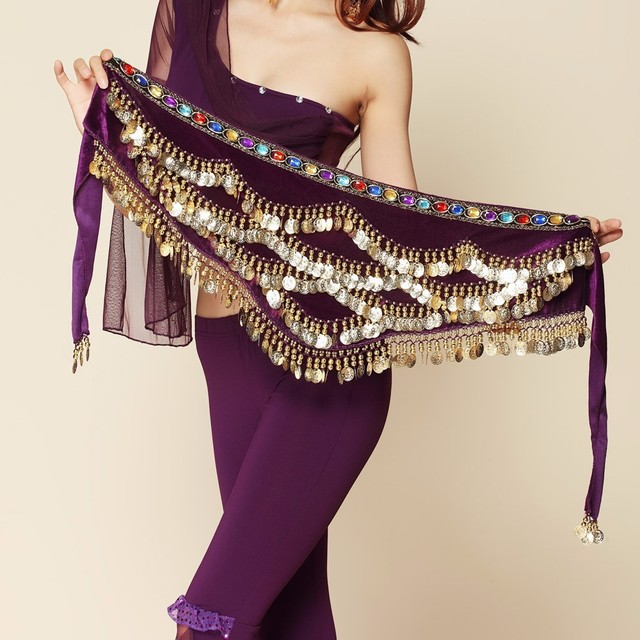 Rhinestone Gems Velvet Coin Belts Belly Dance Hip Scarf Skirt Costume