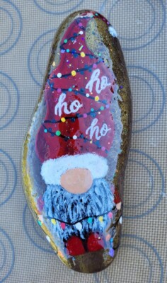 Hand Painted Art Rock: CHRISTMAS GNOME - Super Cute!!! 6 3/4'' Tall x 3'' Wide
