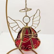 Stained Glass Christmas Angel Figurine Ornament Free Standing Red 4.5 inches