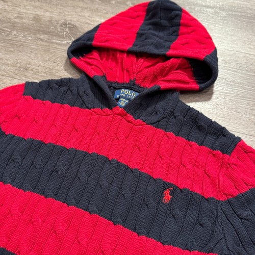 Polo Ralph Lauren Hoodie Youth Medium 10-12 Crochet Sweater Cable Knit Red Blue - Picture 2 of 10
