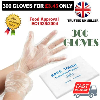 SAFE TOUCH 300 X Disposable Plastic Gloves PE Polythene Clear Catering Food Car Safe Prep