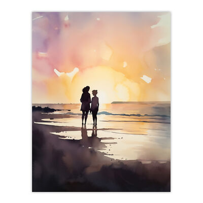 Mama und ich Aquarell Gemälde Mutter und Tochter Morgendämmerung Wandbild Poster Druck