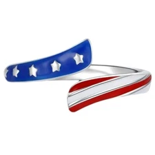 Silvertone American Flag Open Adjustable Ring - New