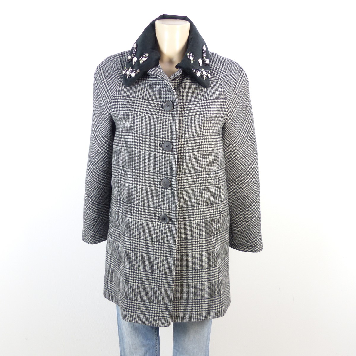 ZARA Mantel Jacke Wollmantel Kariert Steinchen Schwarz Weiß L