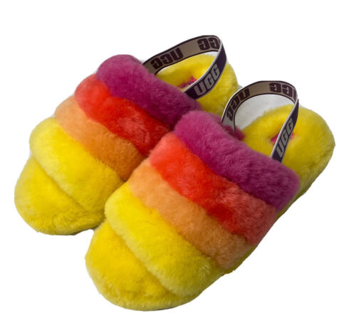 UGG Slippers Fluff Yeah SheepSkin Sandals Rainbow Pride Shoes Women Sz 8 NWOB