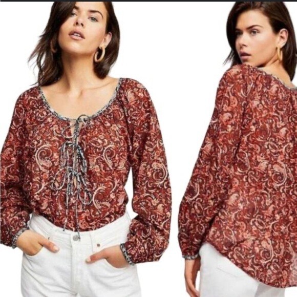 Free People NWT Boho Paisley Front Tie Oversized Blouse Top Size XS Red Wine