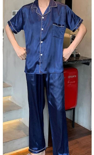 Men Pajamas Set Satin Top Pants Sleepwear Loungewear Indoor Home Casual Daily - Picture 4 of 11