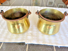 2 x &Uuml;bertopf Messing Messingtopf Blumentopf, rund Eisen-Henkel, Vintage Antik