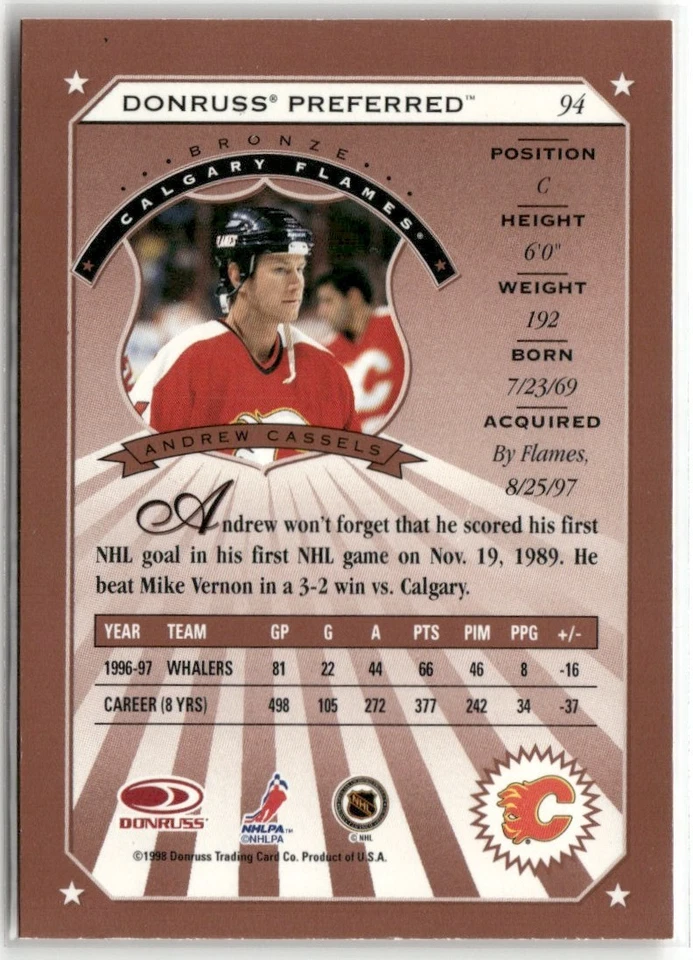 1997-98 DONRUSS PREFERRED BRONZE ANDREW CASSELS CALGARY FLAMES #94 - Image 2 of 3