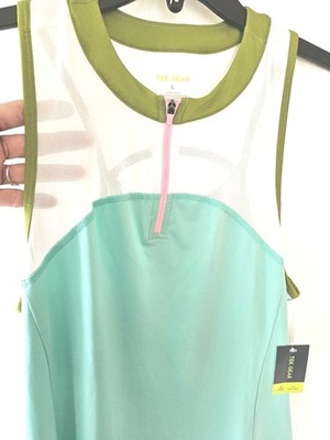 TEK GEAR $36 Aqua, Green & White front zip SEXY Active Athletic Tennis Dress L