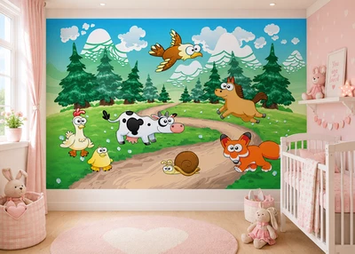 Baby Bedroom Wall Mural Wallpaper Forest Cute Animals Green 100x72 Inch - Image 1 of 4