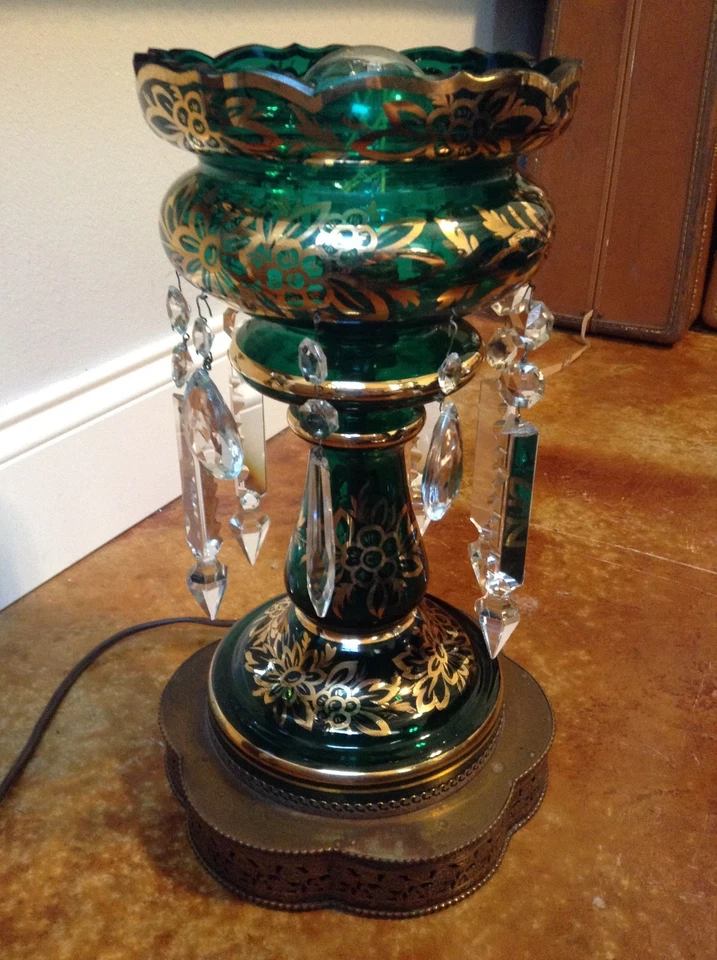 Antique Chech Bohemian Hand Painted Emerald Green Glass Art Luster Table Lamp - Image 2 of 4