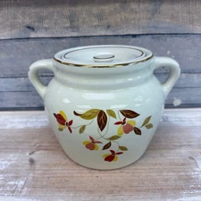 Hall Autumn Leaf Bean Pot Gilded Ceramic Vintage 1950s Serve Ware MCM Dish