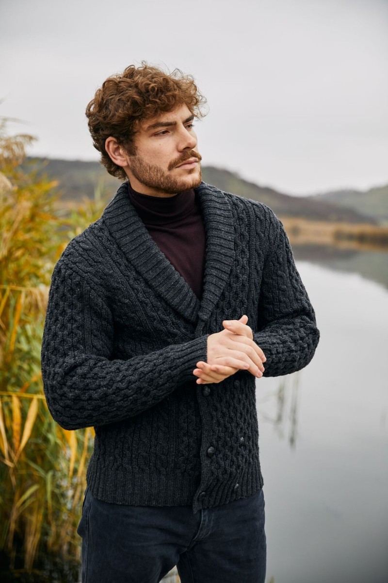 SAOL Men's 100% Merino Wool Sweater Vest Aran Irish V-Neck Cable Knit