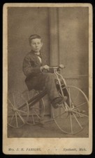 Female Photographer 1870s CDV Photo Boy Riding Wooden Tricycle Michigan Antique