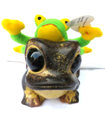 Vintage Brown-Tan FROG Planter 5''x4''x5'' -Rare Plus Ty Teenie Beanie Frog Smoochy