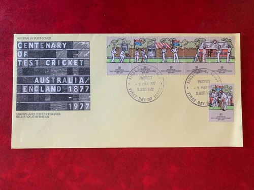 AUSTRALIA 1977 FDC TEST CRICKET STRIP BATSMAN BOWLER UMPIRE WICKET KEEPER