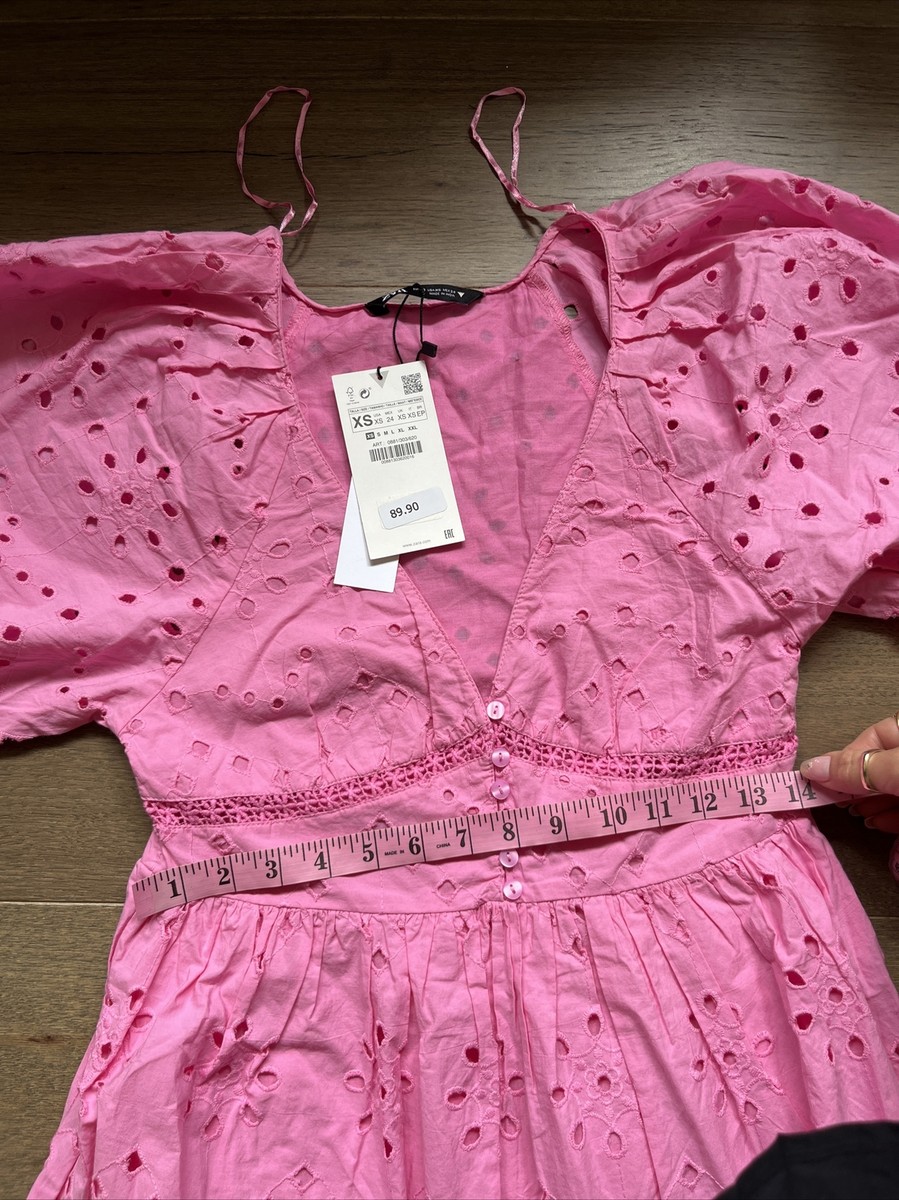 zara pink dress puff sleeve Zara Womens Puff Sleeve Ruffle Eyelet Embroidery Midi Dress Pink Sz XS