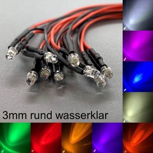 verkabelt 3mm LEDs rund wasserklar alle Farben 3 mm LED Widerstände - Picture 6 of 21