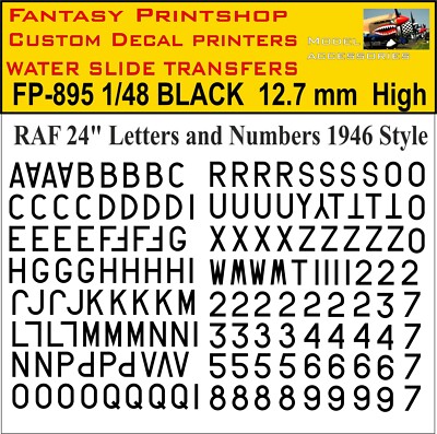 RAF 24'' BUCHSTABEN ZAHLEN WASSERSCHIEBE TRANSFER MODELLBAUSATZ AUFKLEBER FP-895 SCHWARZ 1/48