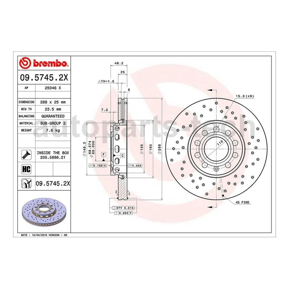 2x Rotor de freno de disco delantero Brembo para Audi 100 Quattro 1992 1993 1994 Foto 2 de 4